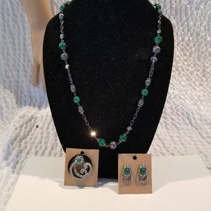 Black marcasite,  Rhinestone, silver Malachite necklace, brooch, earrings.